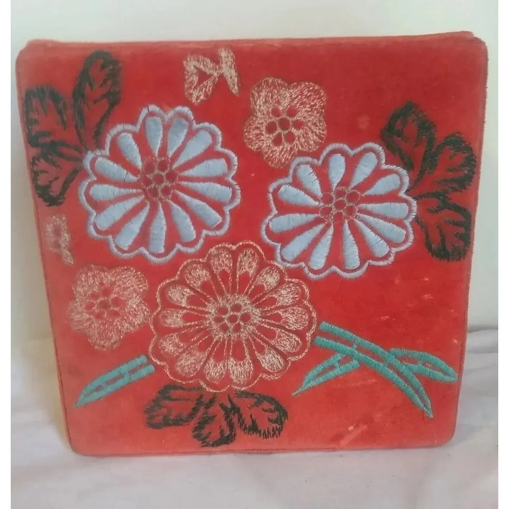 Jewelry Keepsake Box Case Vtg Red‎ Velvet Embroidered 7.5 India Boho Rustic READ